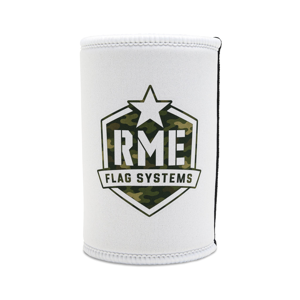 A white neoprene can cooler sleeve featuring a central shield logo with a star, camouflage pattern, and the text 'RME FLAG SYSTEMS'.