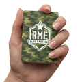 RME Poker playing cards held in hand, front view