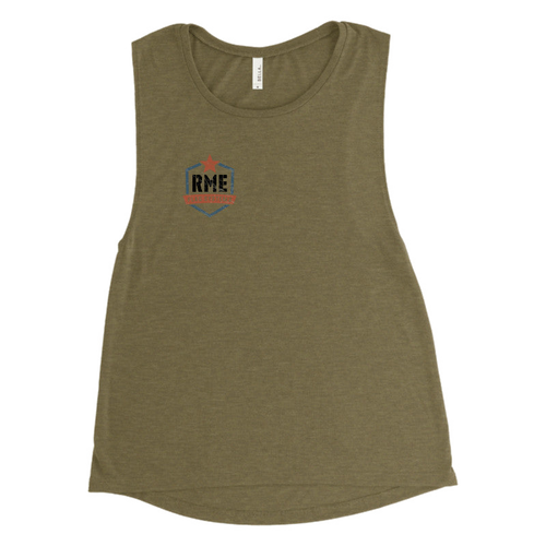 RME Bella + Canvas Flowy Scoop Muscle Tank in Heather Olive, front view